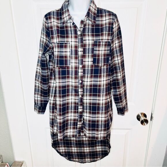 Say What? High Low Cotton Plaid Flannel Shirt Button Down Tunic Blue Red MJ NWT - Picture 5 of 11